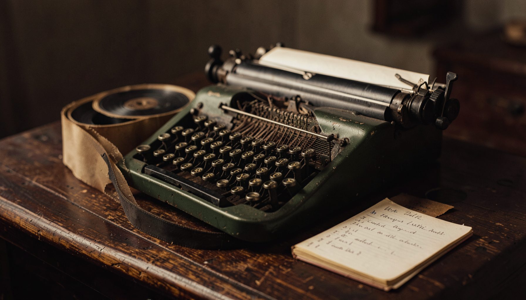 Une machine à écrire ancienne posée sur un bureau en bois sombre, à côté d'une bobine de film et d'un carnet de notes manuscrites