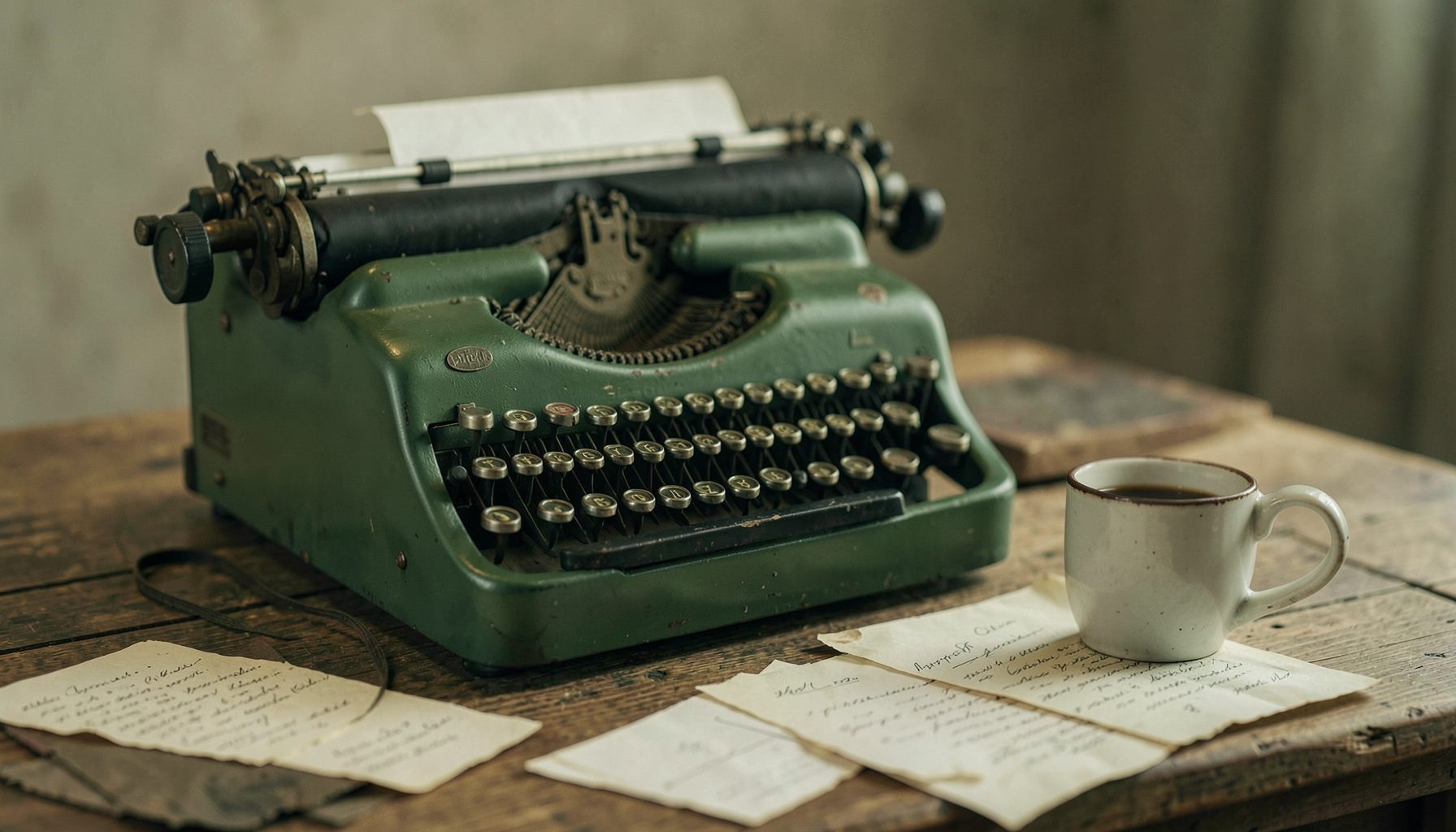 Une machine à écrire vintage posée sur un bureau en bois, à côté d'une tasse de café et de feuilles manuscrites éparpillées, dans une ambiance chaleureuse aux tons bruns et crème.