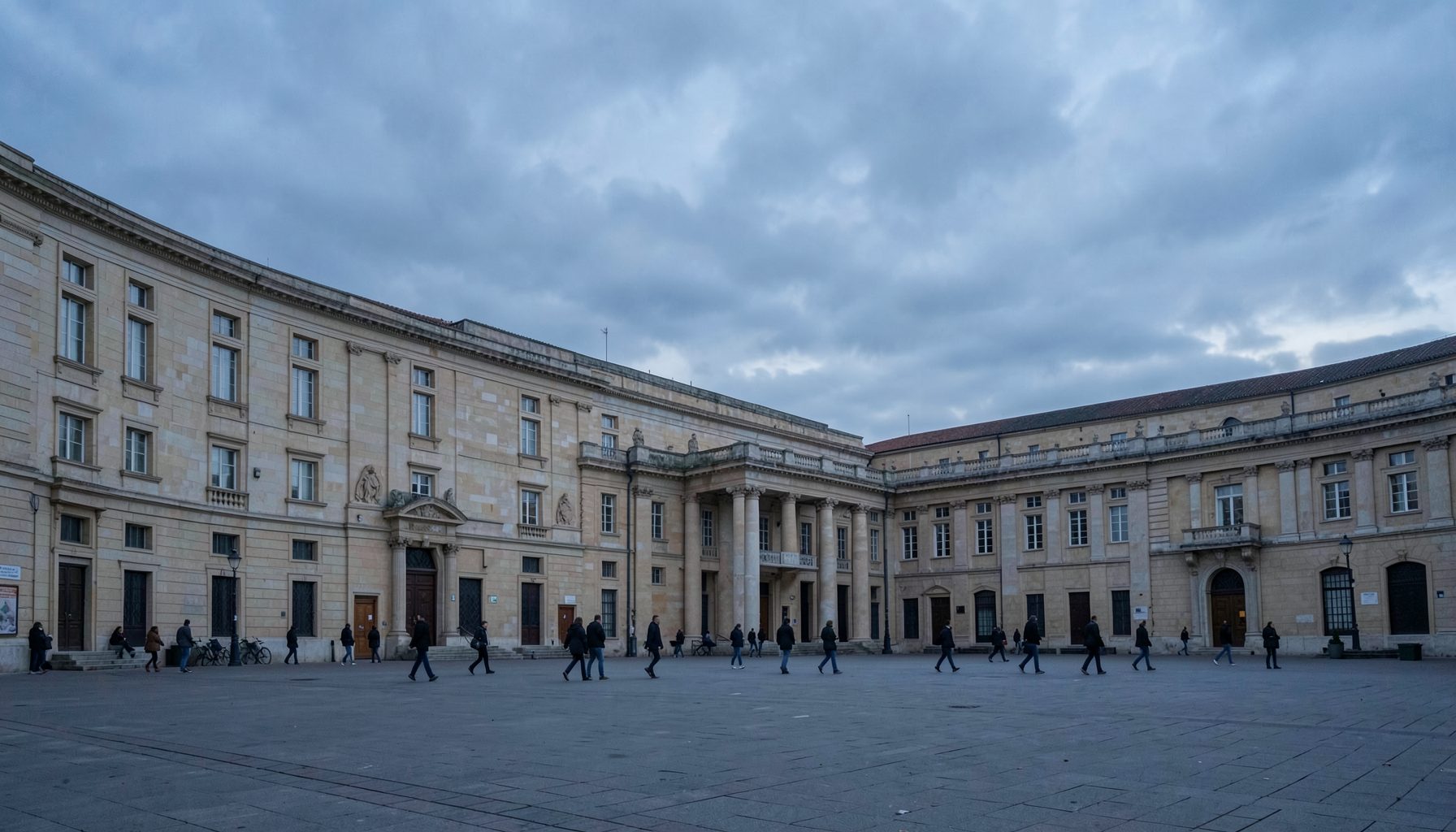 Une place publique en fin de journée, ciel gris-bleu traversé de nuages, silhouettes éparses de passants devant une façade