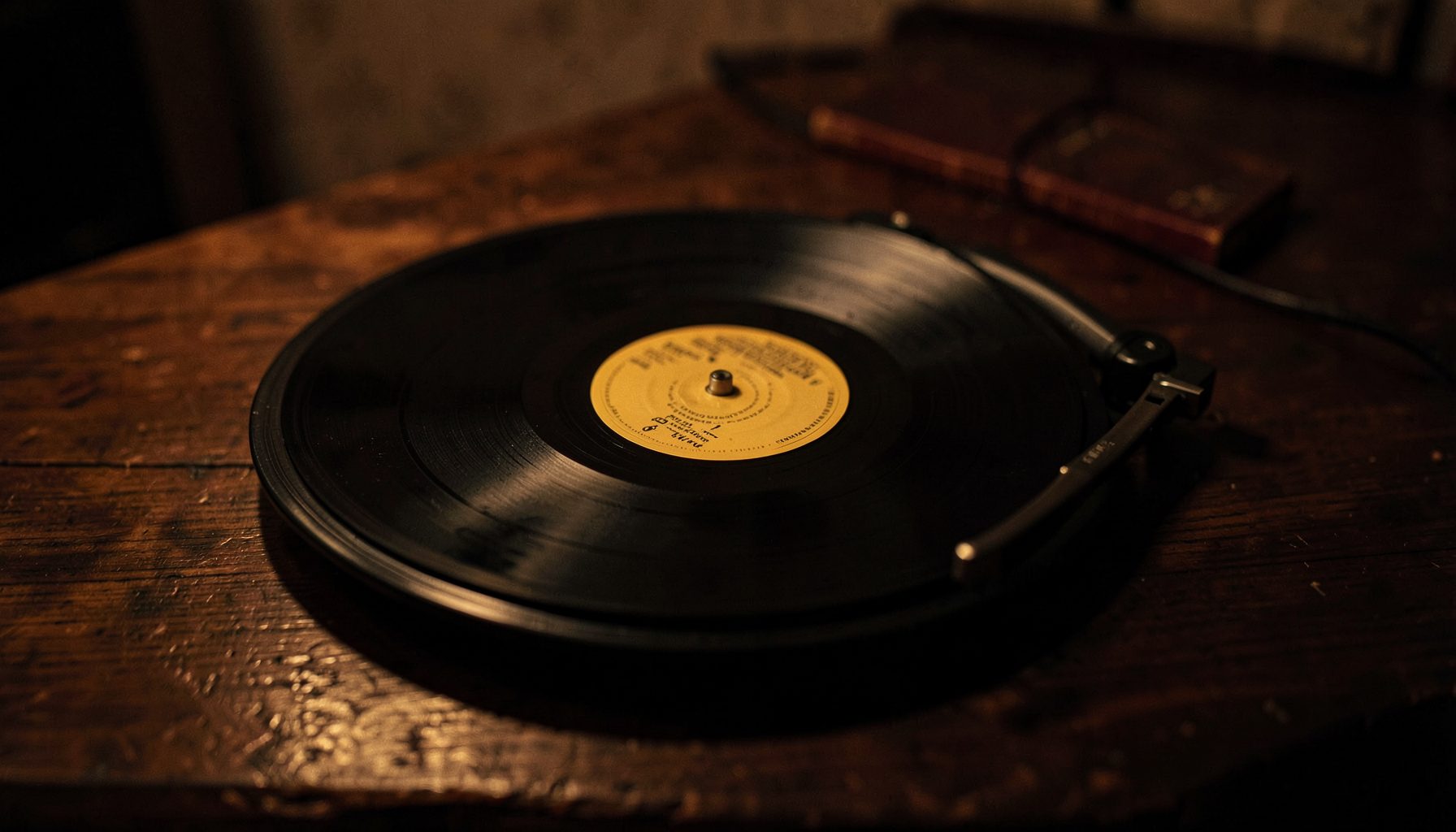 Une platine vinyle posée sur une table en bois sombre, éclairée par une lumière tamisée aux tons ambrés et chauds