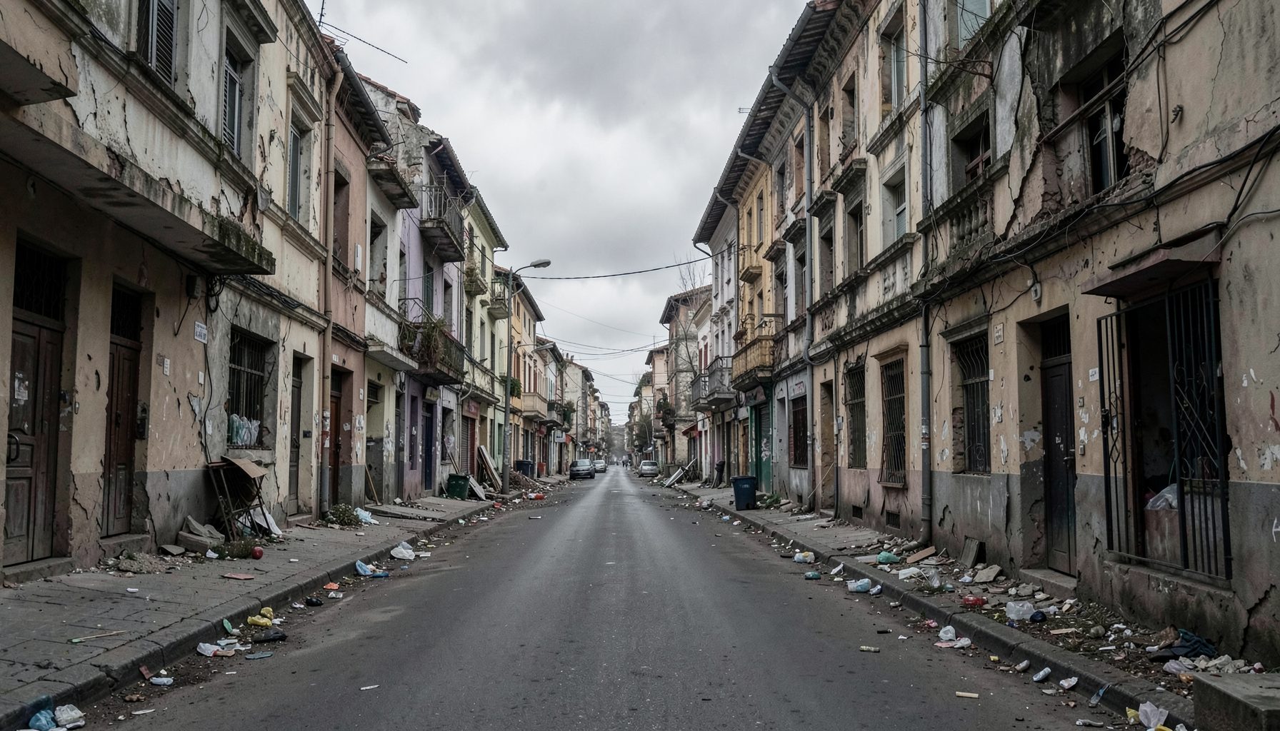 Une rue urbaine grise et morne sous un ciel couvert, façades décrépies, ambiance de crise économique et d'abandon