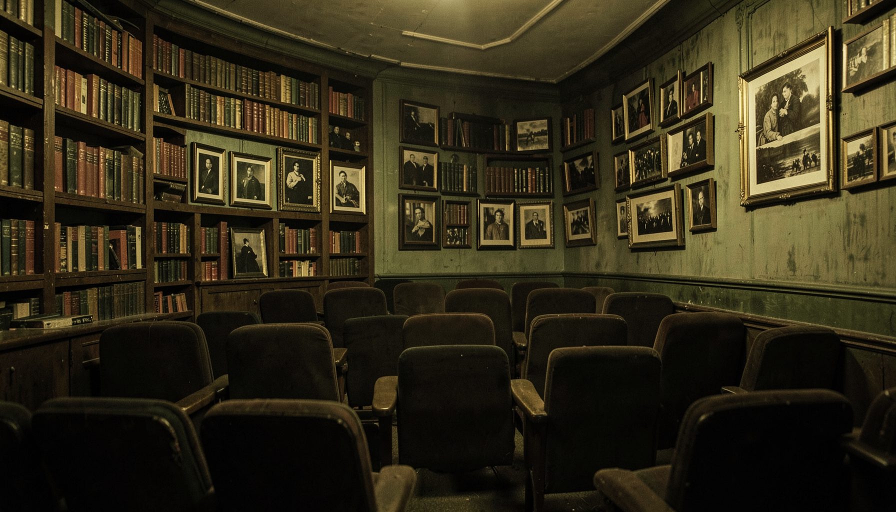 Une salle de cinéma ancienne aux murs ornés de livres et de photographies encadrées, baignée d'une lumière chaude et tamisée