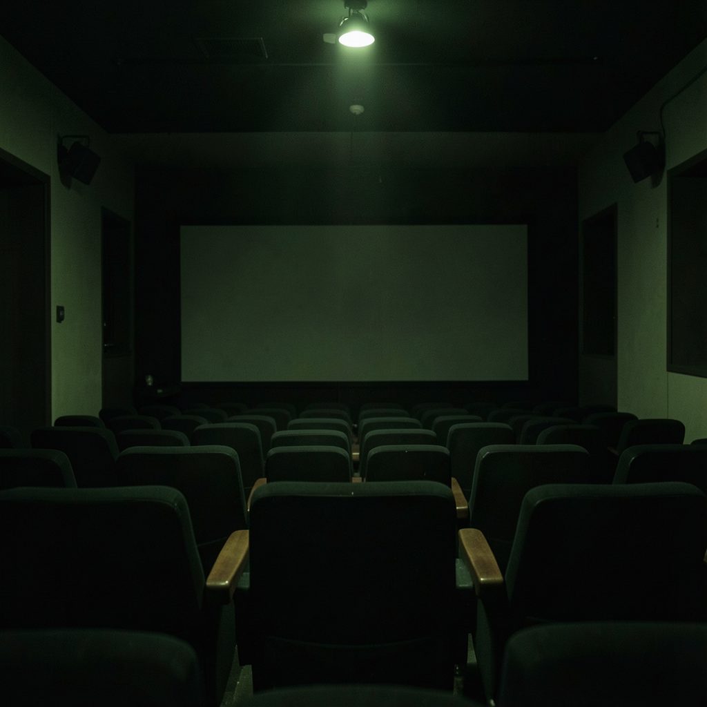 Une salle de cinéma vide baignée d'une lumière tamisée, dans des tons vert foncé et noir, évoquant une atmosphère contemporaine