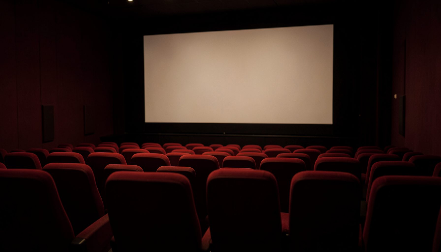 Une salle de cinéma vide baignée d'une lumière tamisée, les fauteuils rouges alignés en rangées, l'écran blanc silencieux