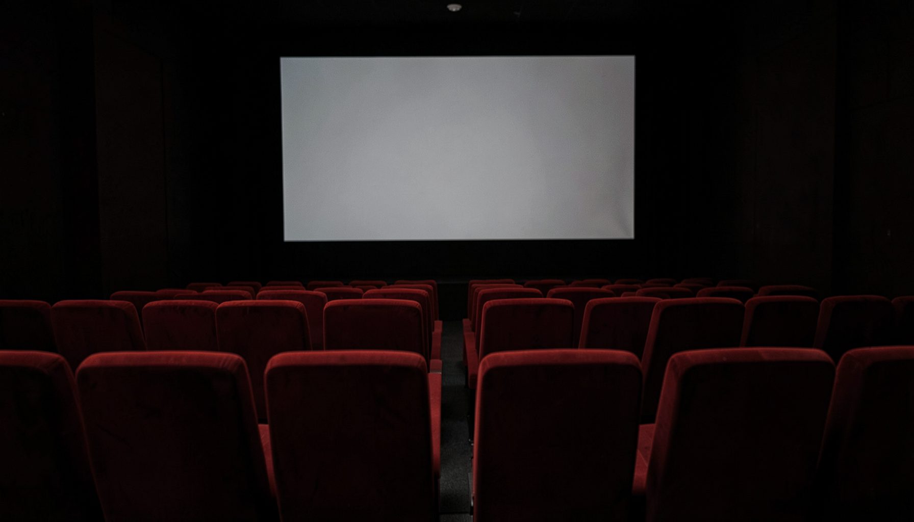 Une salle de cinéma vide vue de dos, fauteuils rouges en velours alignés dans la pénombre, l'écran blanc éteint au fond
